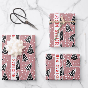 Staubige Rose und schwarze Frohe Weihnachtsbäume F Geschenkpapier Set
