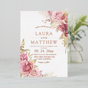 Staubige Roségoldene Hochzeit mit Blumen Folieneinladung