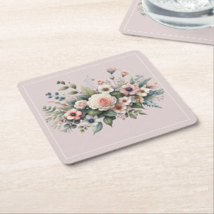 Staubige Rosen Botanische Hochzeitsblumen Aquarell Rechteckiger Pappuntersetzer