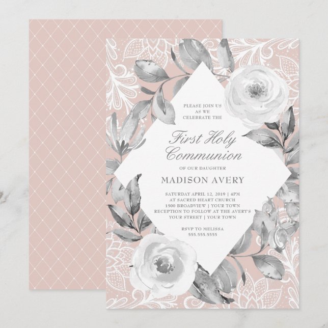 Staubige Rosen-graue Blumenspitze-erste heilige Einladung (Vorne/Hinten)
