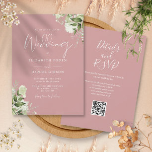 Staubige Rosen Grünzeug Florale QR-Code-Hochzeit Einladung