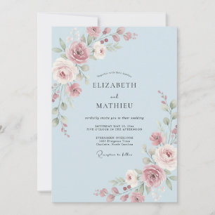 Staubige Rosenblaue Aquarell-Blumenhochzeit Einladung