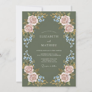 Staubige Rosenblüten-Lorbeer-Hochzeit Einladung