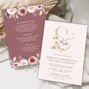 Staubige Rosenröte Florale Hochzeit mit Et-Zeichen Einladung