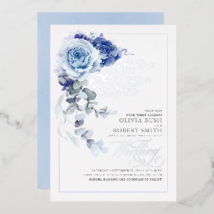 Staubiges Blau & Marineblau Florale Boho-Hochzeit Folieneinladung