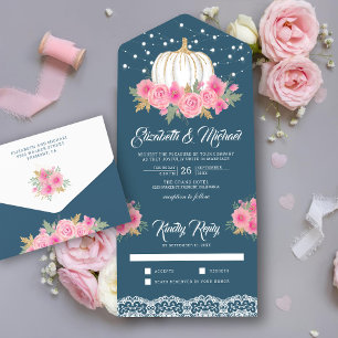 Staubiges Blau Rosa Florales Weiß Kürbis Hochzeit All In One Einladung