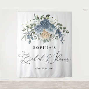 Staubiges Blau und Champagner Blumen Hochzeitsdusc Wandteppich