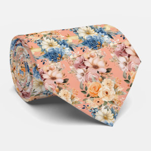 Staubiges Marineblau und Pfirsich-Rosa Blumen Flor Krawatte
