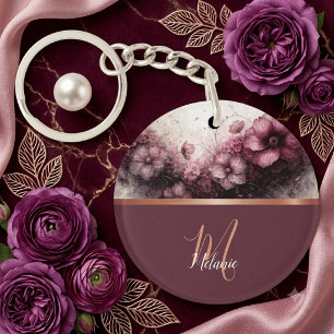Staubiges Mauve-Blumen-Roségold-Monogramm Schlüsselanhänger