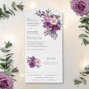 Staubiges Mauve Lila Rosafarbenes Blumenhochzeit All In One Einladung
