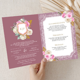 Staubiges Mauve-Rosa-Blumen-Hochzeitskleid in eine Einladung