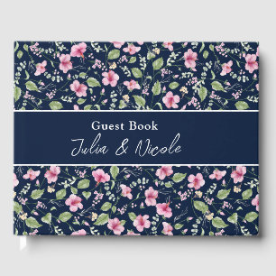 Staubiges Navy Blau Rosa Hibiskusblüten Hochzeitsd Gästebuch