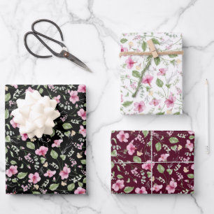 Staubiges Navy Blau Rosa Hibiskusblüten Hochzeitsd Geschenkpapier Set