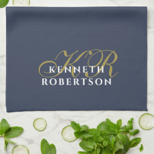 Staubiges Navyblau Monogramm Minimalistisches Gold Geschirrtuch
