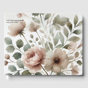 Staubiges Olive- und Rosa-Aquarell-Blumenhochzeit Gästebuch