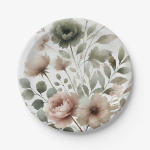 Staubiges Olive- und Rosa-Aquarell-Blumenhochzeit Pappteller