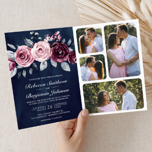 Staubiges Pink-Pflaume Lila-Blumen-QR-Code-Navy-Ho Einladung