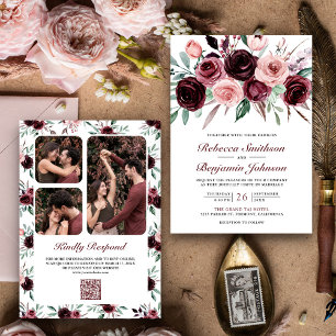 Staubiges Rosa Burgunder Blumen QR-Code Hochzeit Einladung