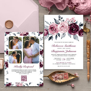 Staubiges Rosa Pflaume Lila Blumen QR Code Hochzei Einladung