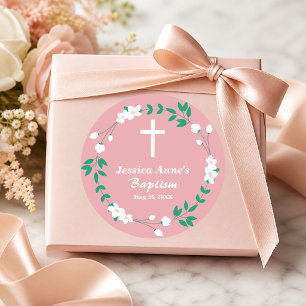 Staubiges Rosa Weiße Kreuz Blumen Wappen Taufe Runder Aufkleber