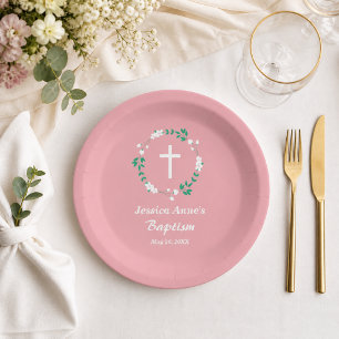 Staubiges Rosa Weiße Kreuz Blumenwappen Taufe Pappteller