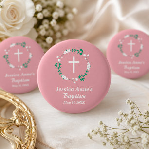 Staubiges Rosa Weiße Kreuz Blumenwappen Taufgesche Button