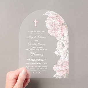 Staubiges Rosa Weiße Pfingstrosen Bogen Hochzeit Acryleinladungen