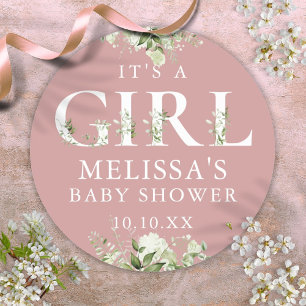 Staubiges Rosenpink Grünzeug It's A Girl Babyparty Runder Aufkleber