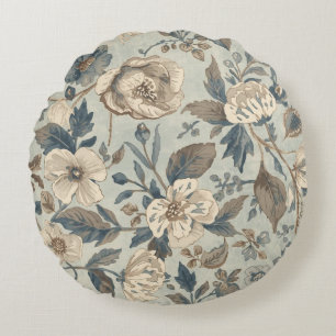 Staubiges Teal Blau Braun Beige Farmhouse Blumenmu Rundes Kissen
