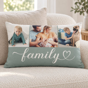 Staubiges Türkis-Familien-Herz-3-Foto-Collage Lendenkissen