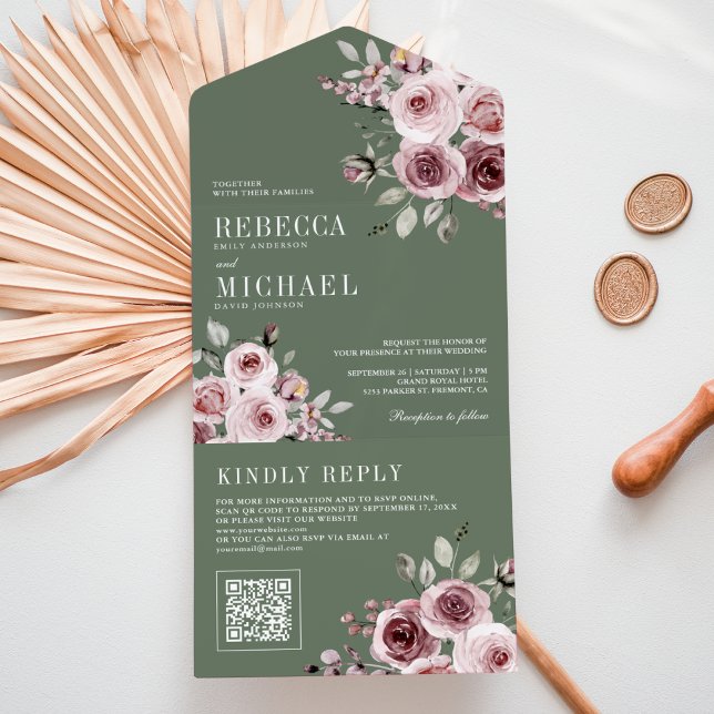 Staubrosa Floral Hellgrün QR-Code Hochzeit All In One Einladung (Von Creator hochgeladen)