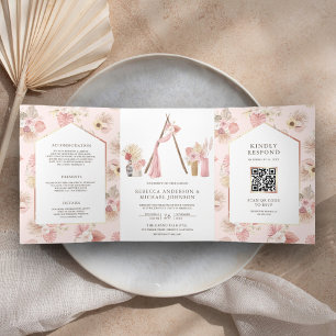 Staubrosa florale Boho-Strand-Laube QR-Code-Hochze Dreifach Gefaltete Einladung