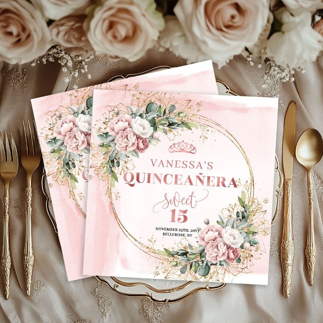 Staubrosa Florale Sweet 15-Feier  Serviette (Dusty Pink Greenery Floral Sweet 15 Celebration Napkin)