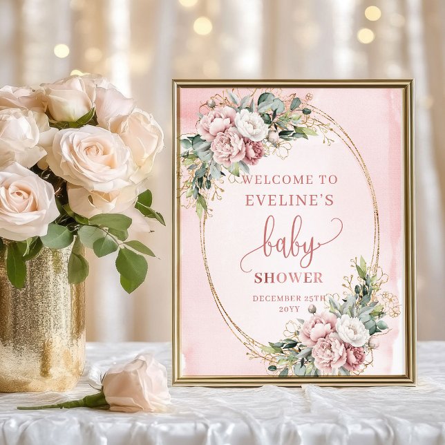 Staubrosa Grüner Willkommens-Babyshower-Tischschil Poster (Dusty Pink Greenery Welcome Baby Shower Table Sign)