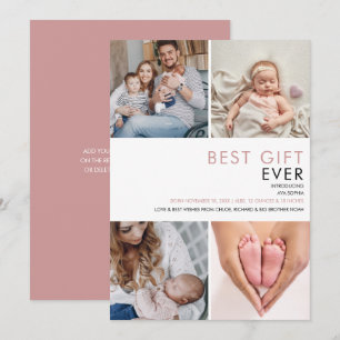 Staubrosa rosa Baby Girl 4 Foto Geburt Ankündigung