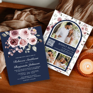 Staubrosa Rosen Foto Marineblauer QR-Code Hochzeit Einladung
