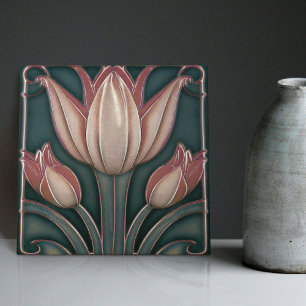 Staubrosa Tulpen auf blauer symmetrischer Art Nouv Fliese