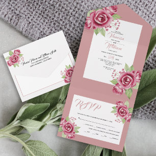Staubrosa Wasserfarbe-Rosenblumen Hochzeit All In One Einladung