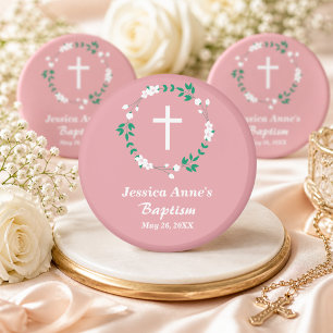 Staubrosa weiße Kreuz-Blumen-Wappen-Taufgeschenk Magnet