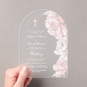 Staubrosa weiße Pfingstrosenbogen-Hochzeit Acryleinladungen