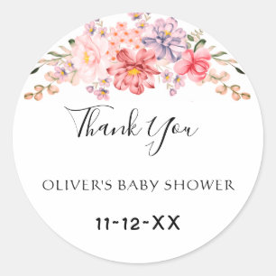 Staubrosafarbene Blumen-Baby-Shower-Dankeschön-Kla Runder Aufkleber