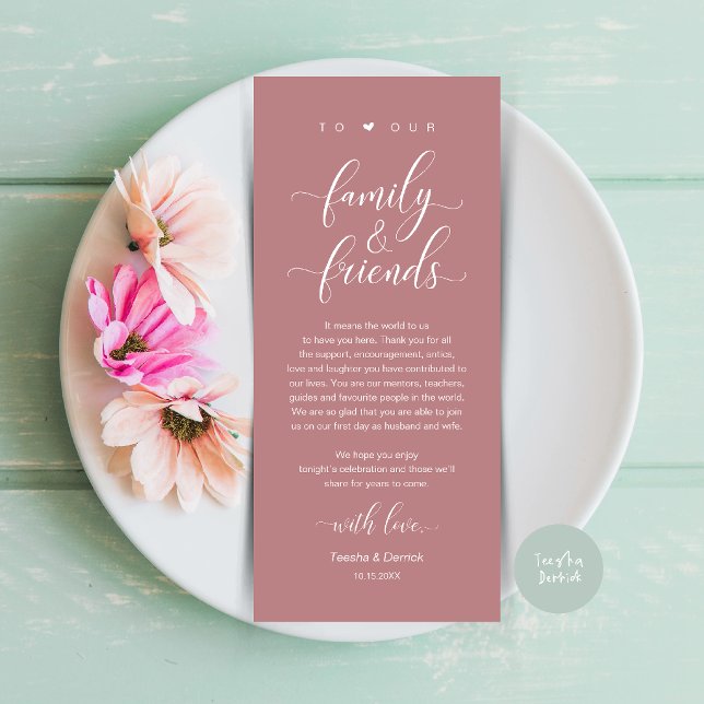 Staubrosafarbene Hochzeitsplatzierung Dankeskarten Programm (Dusty Rose Pink Wedding Place Setting Thank You Card, Dinner Lunch Brunch Party Celebration)