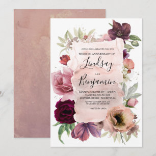 Staubrose und Burgunder Blumen Hochzeit Jubiläum Einladung
