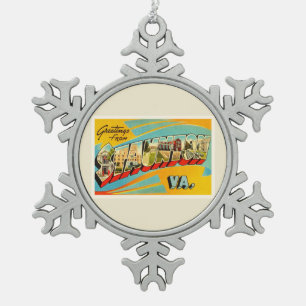 Staunton Virginia VA alte Vintage Reise-Postkarte Schneeflocken Zinn-Ornament