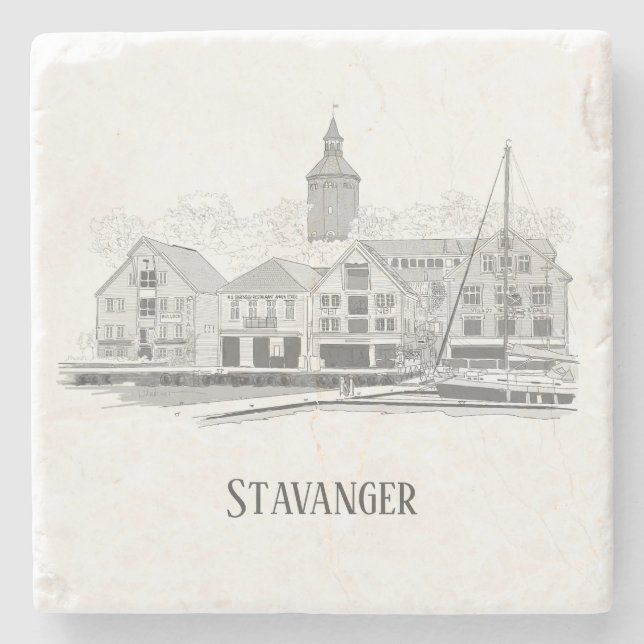 Stavanger Norwegen Beautiful Streetscape Zeichnend Steinuntersetzer (Vorderseite)