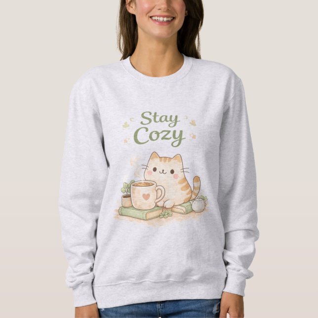 Stay Cozy Kawaii Cute Kitty Cat Coffee Sweet  Sweatshirt (Vorderseite)