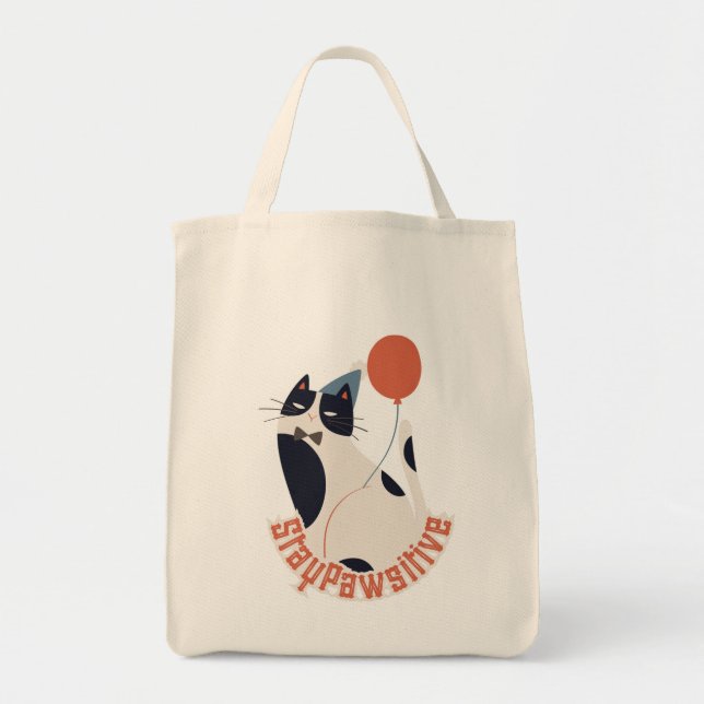Stay Pawsitive Tuxedo Cat Birthday Party Grocery  Tragetasche (Vorne)