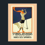 "Ste Croix et Les Rasses" Schweizer Jahrgangsreise Postkarte<br><div class="desc">Ein wunderschönes Reiseplakat der Bundesstaatlichen Schweizer Eisenbahn,  das die Skigebiete von Sainte Croix und Les Rasses bekannt macht. Es ist im Art Deko Stil und zeigt eine schön gekleidete junge Frau mit Skiern.</div>