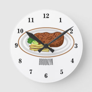 Steak Cartoon Illustration Runde Wanduhr