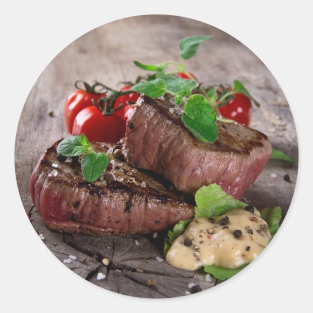 Steaks aus gegrillter Grillen mit frischen Kräuter Runder Aufkleber (Vorderseite)